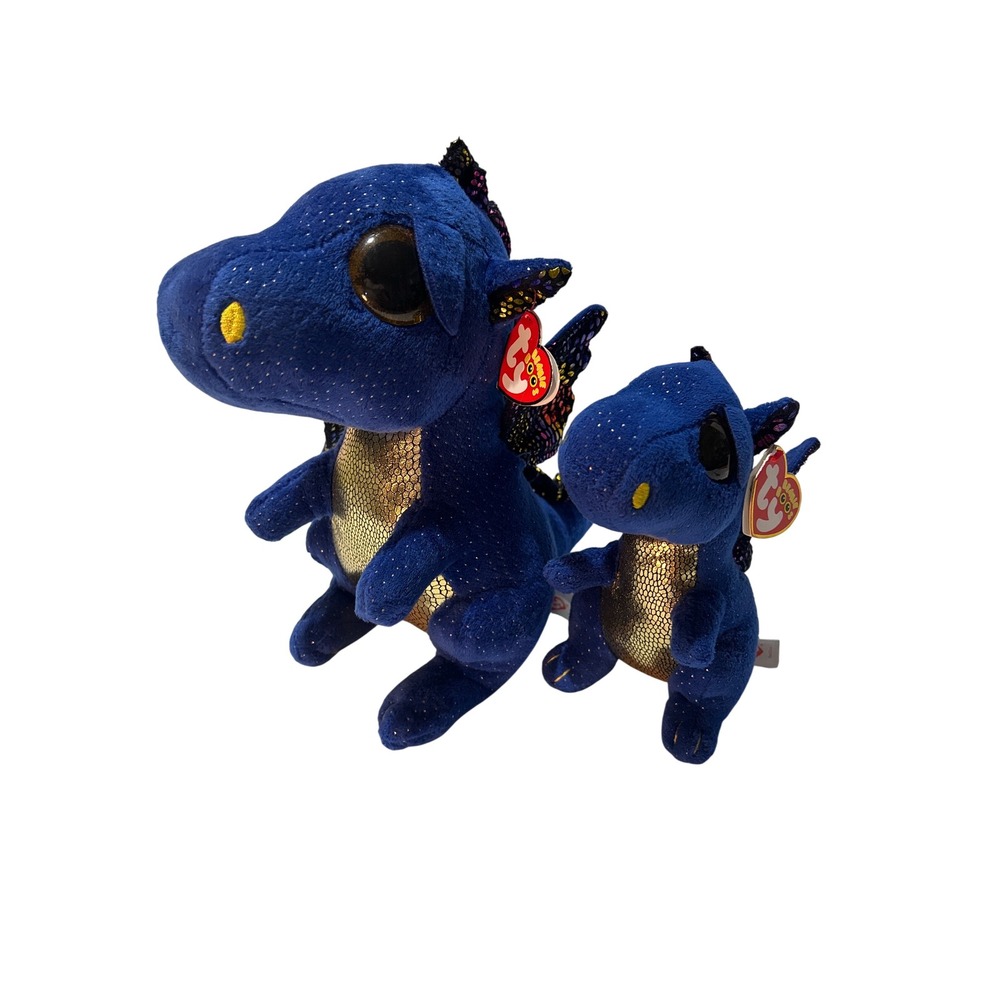 Ty Beanie Boos Saffire Blue Speckled Dragon Wings Plush Set of 2 Large and Small